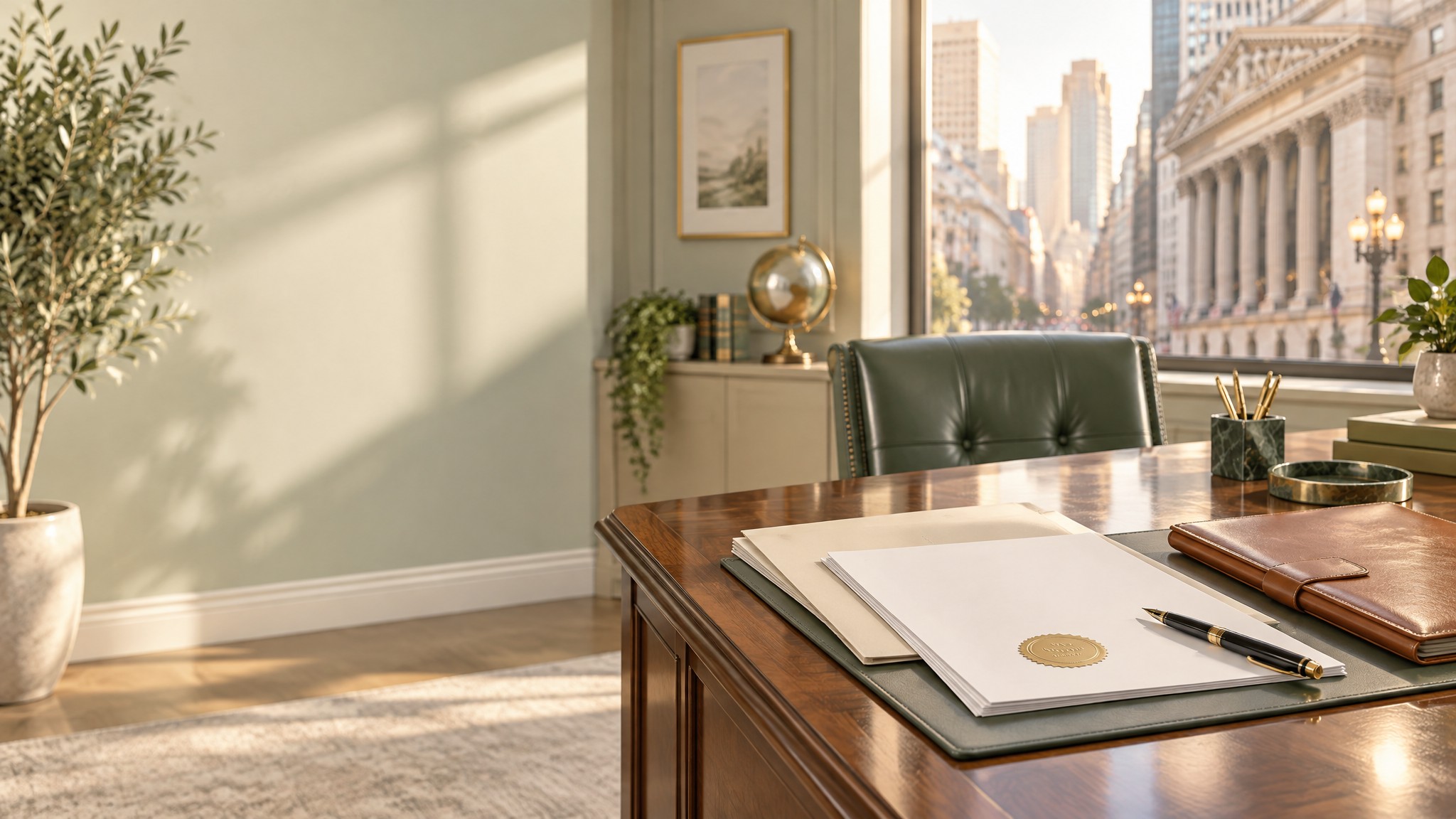 Sunlit executive office desk with business formation documents, a company seal, and a fountain pen